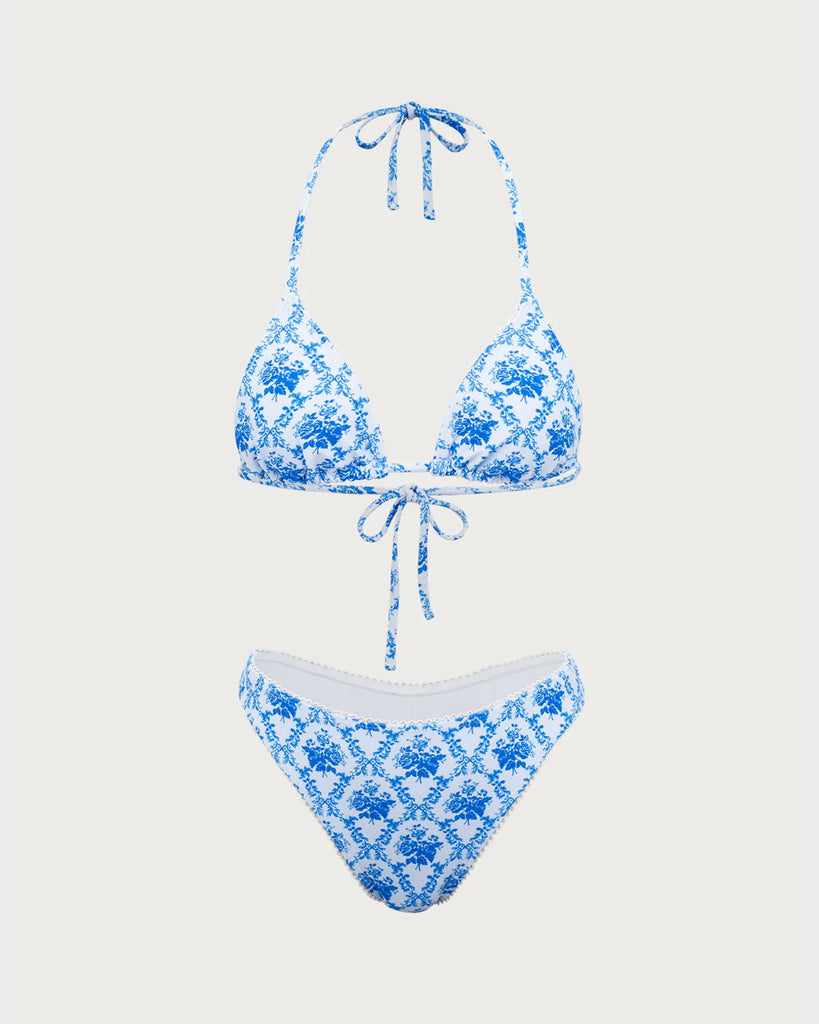 Blue Floral Halter Bikini Set