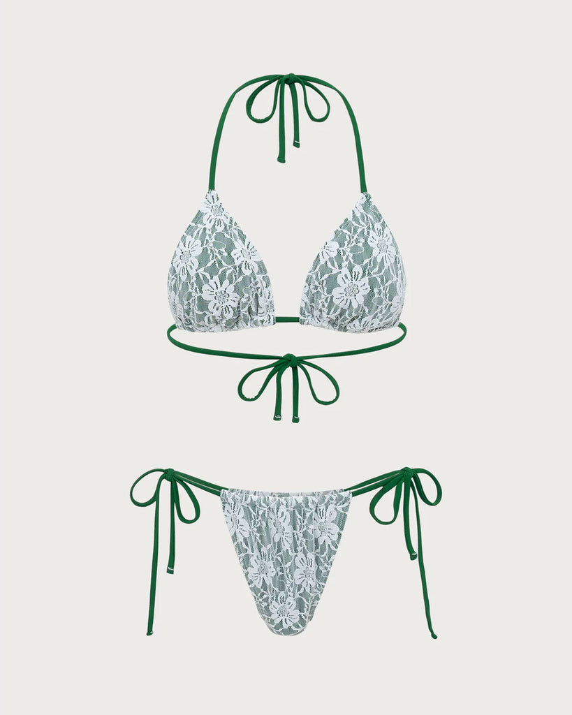 Green Floral Lace Bikini Set