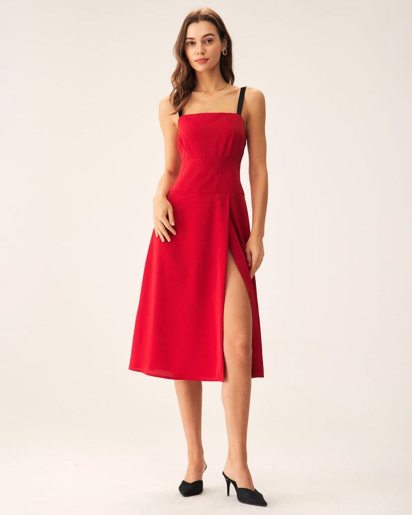 Red Contrast Slit Slip Midi Dress