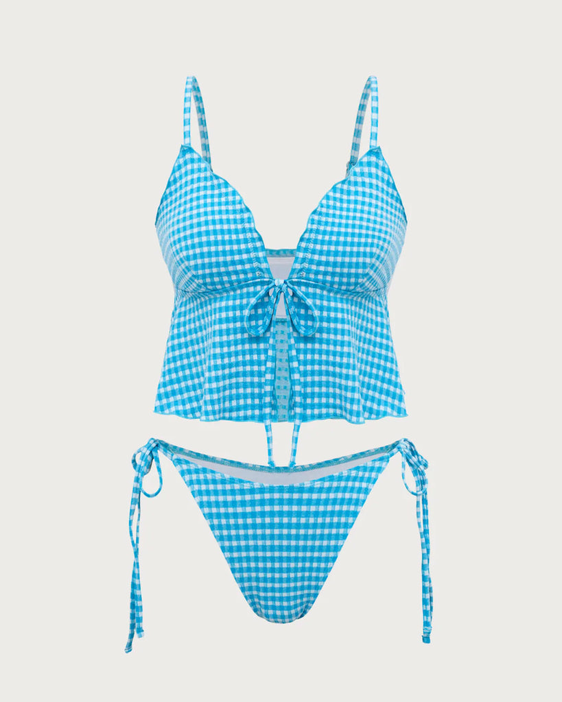 Blue Plaid Tie-Front Tankini Swimsuit