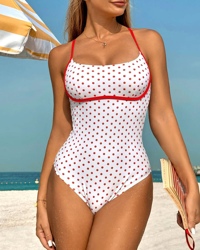 Red Contrast Polka Dot One-Piece Swimsuit