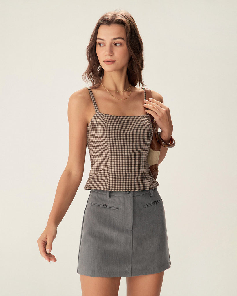 Grey High Waisted Button Mini Skirt