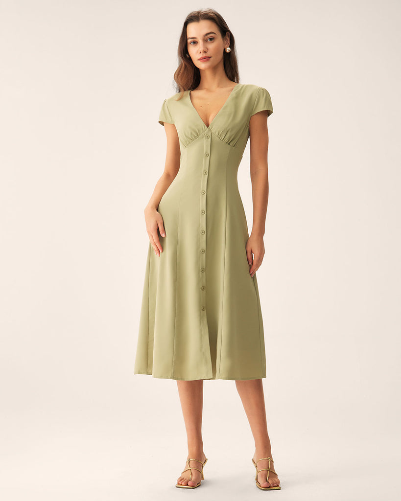 Green V-Neck Button Midi Dress