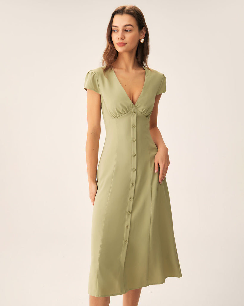 Green V-Neck Button Midi Dress