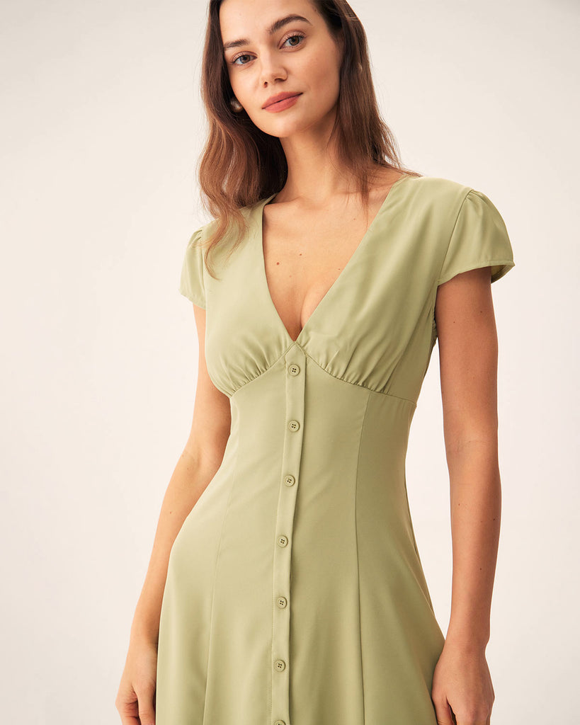 Green V-Neck Button Midi Dress