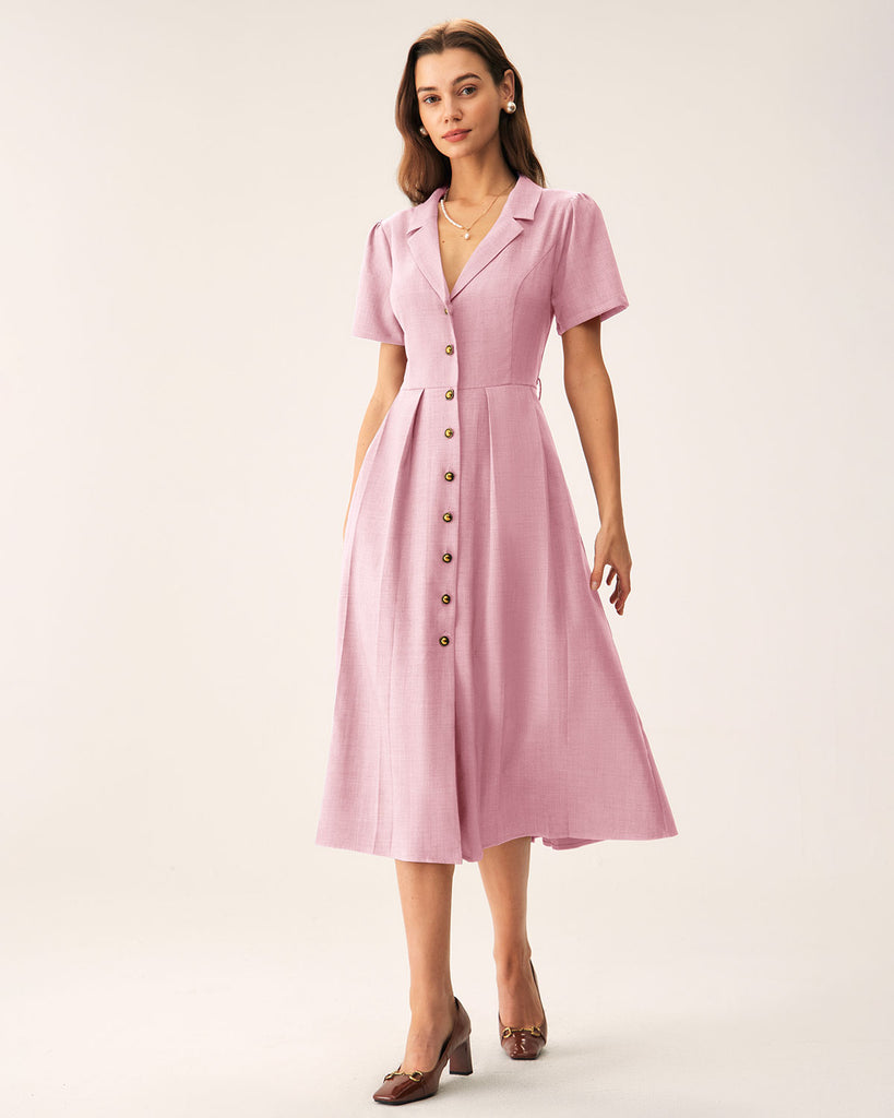 Pink V Neck Pleated Button Midi Dress