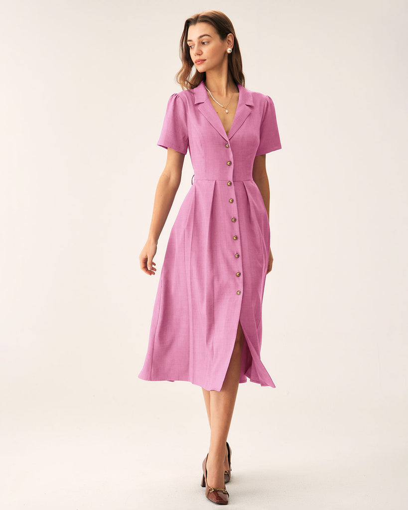 Pink V Neck Pleated Button Midi Dress