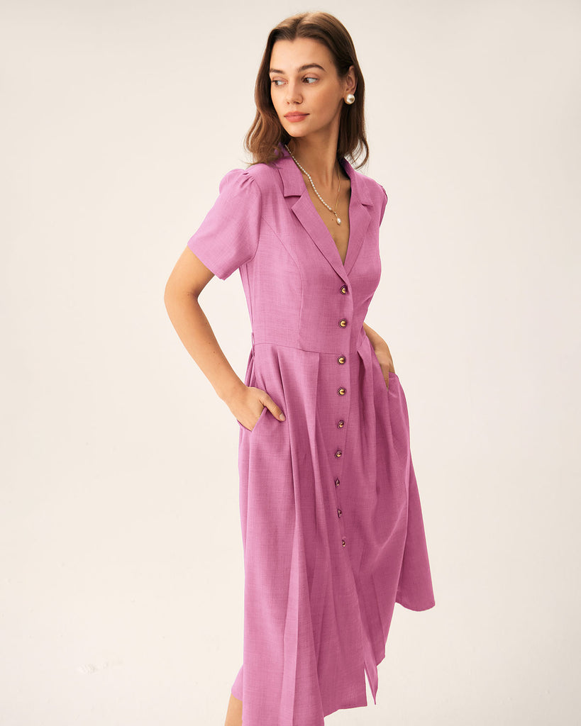 Pink V Neck Pleated Button Midi Dress