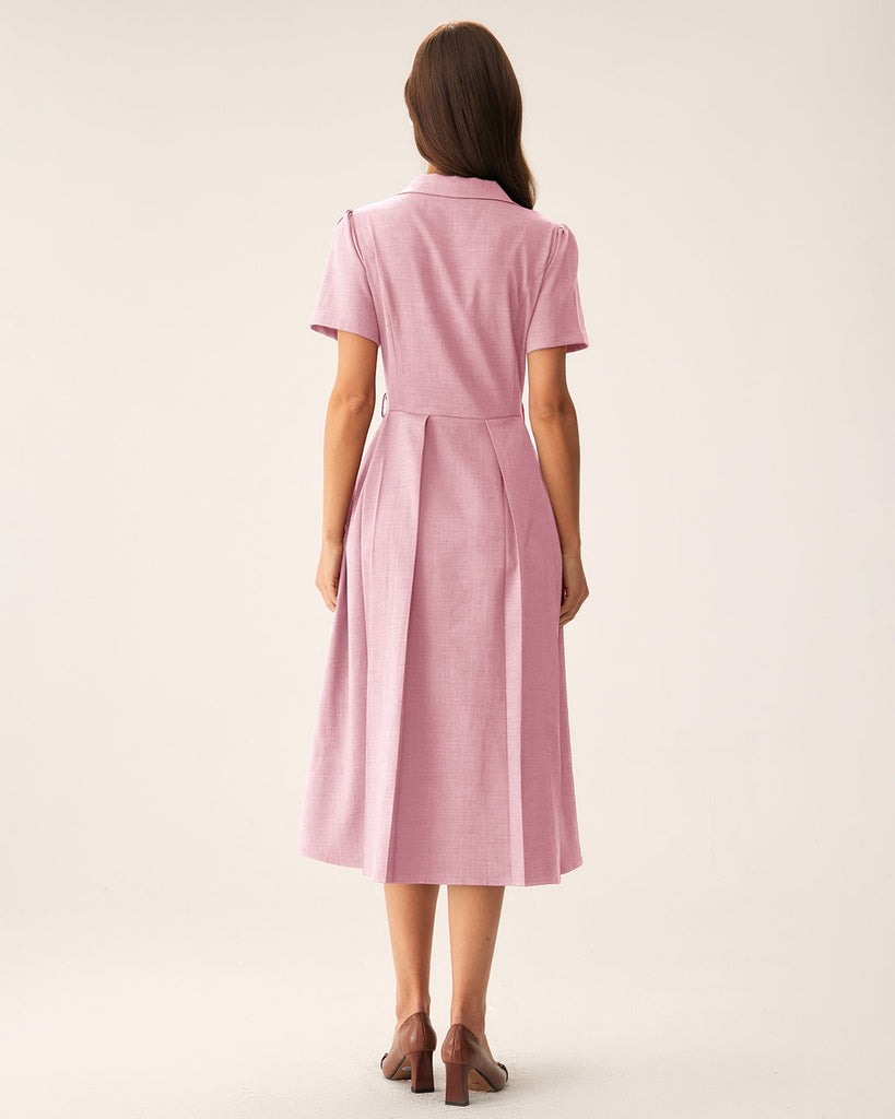 Pink V Neck Pleated Button Midi Dress