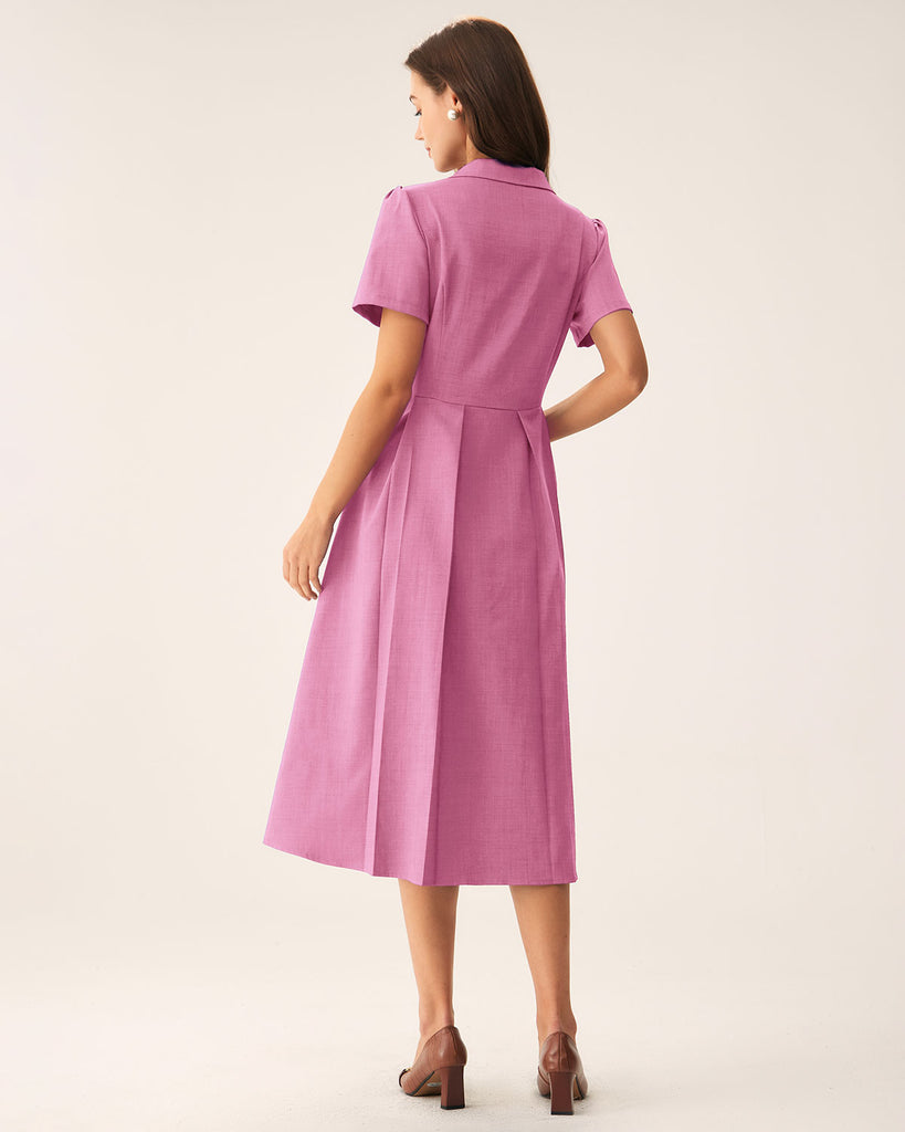 Pink V Neck Pleated Button Midi Dress