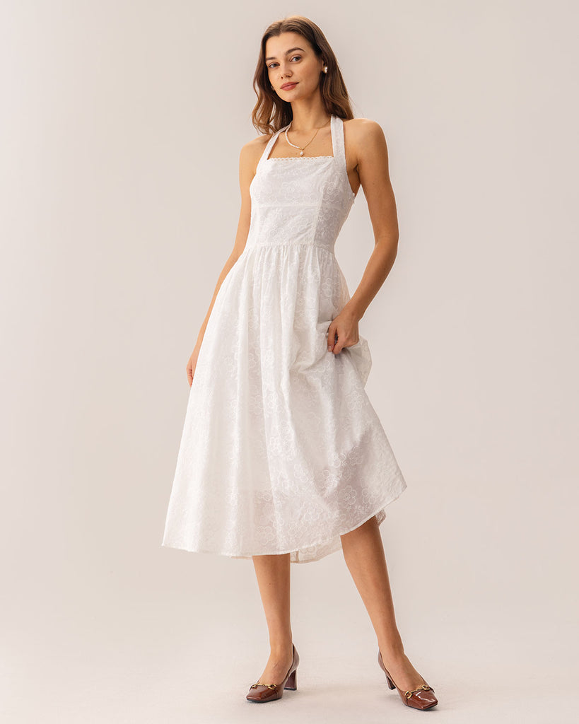 White Embroidery Halter Midi Dress