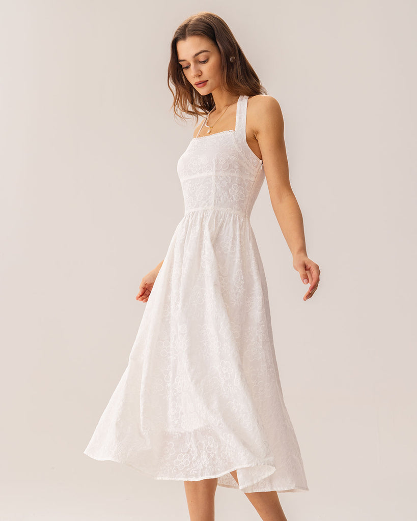 White Embroidery Halter Midi Dress