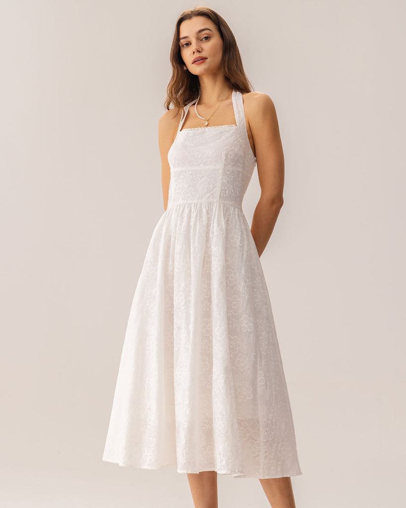 White Embroidery Halter Midi Dress