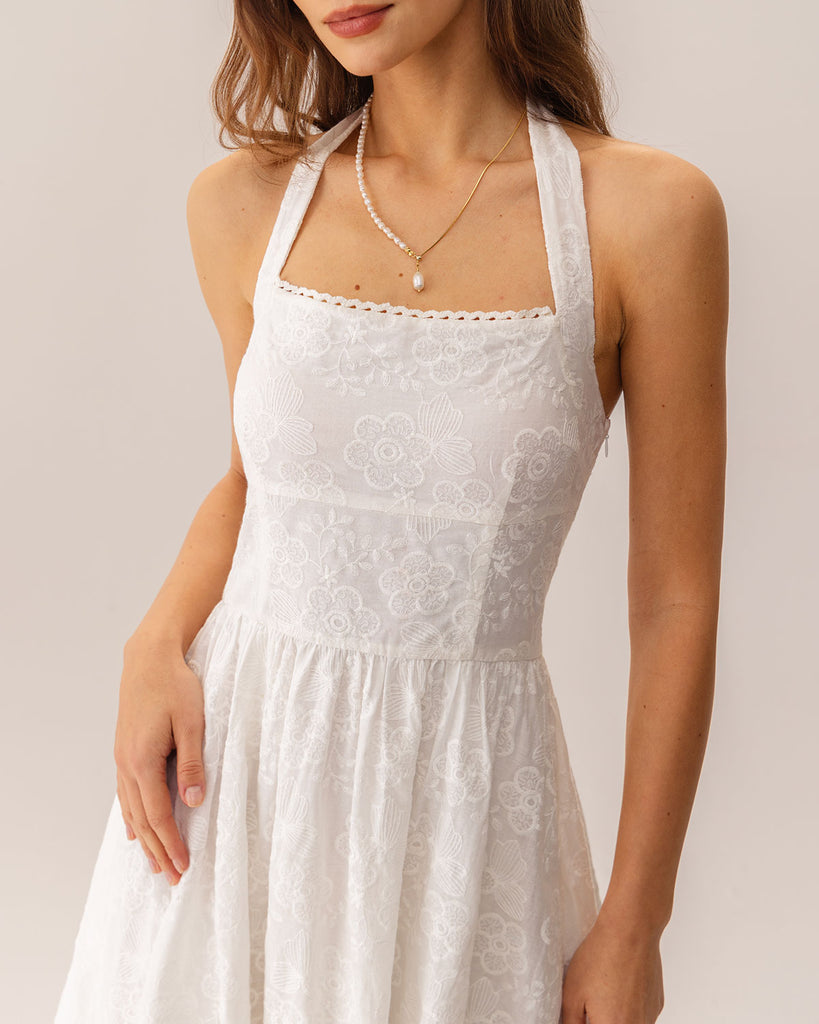 White Embroidery Halter Midi Dress