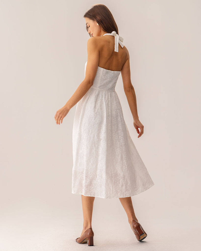 White Embroidery Halter Midi Dress