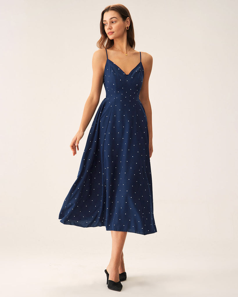 Navy Polka Dot Shirred Slip Midi Dress