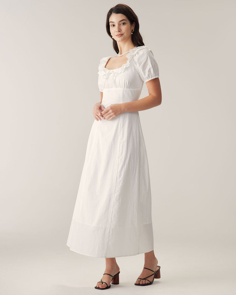 White Embroidery Puffed Sleeve Maxi Dress