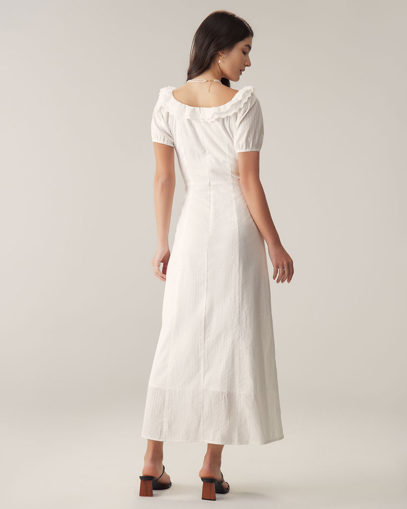 White Embroidery Puffed Sleeve Maxi Dress