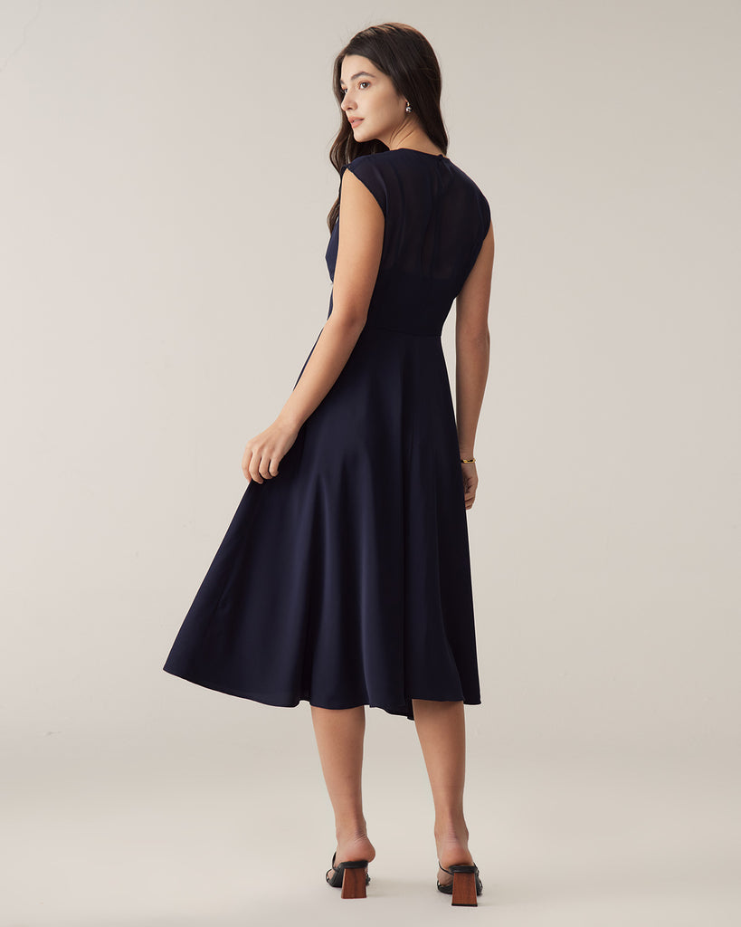 Navy See Through Cap Sleeve Midi Dress