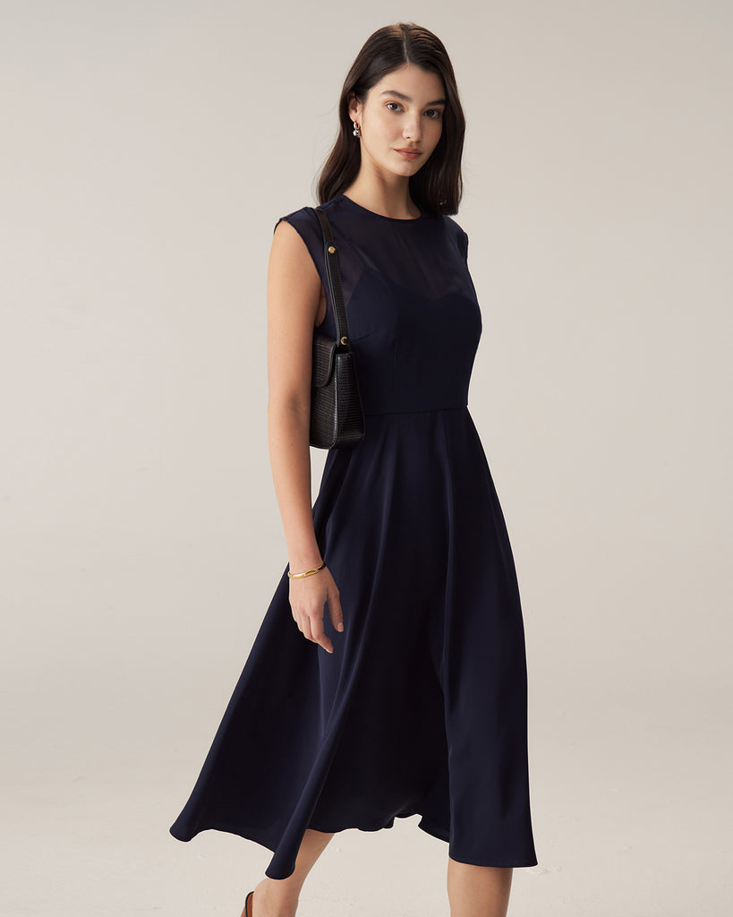 Navy See Through Cap Sleeve Midi Dress