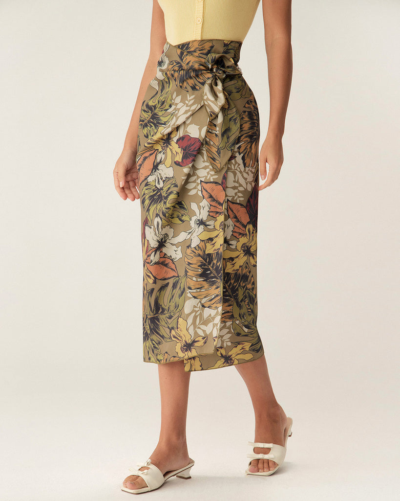 Khaki Floral High Waisted Wrap Midi Skirt