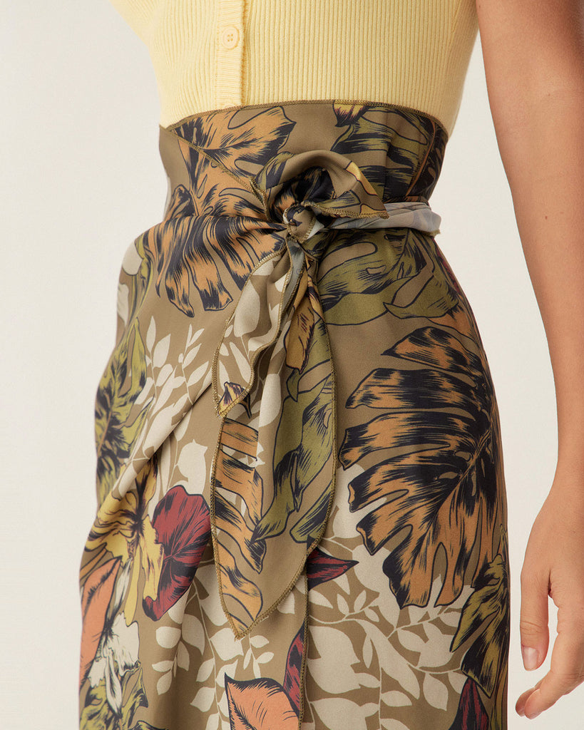 Khaki Floral High Waisted Wrap Midi Skirt