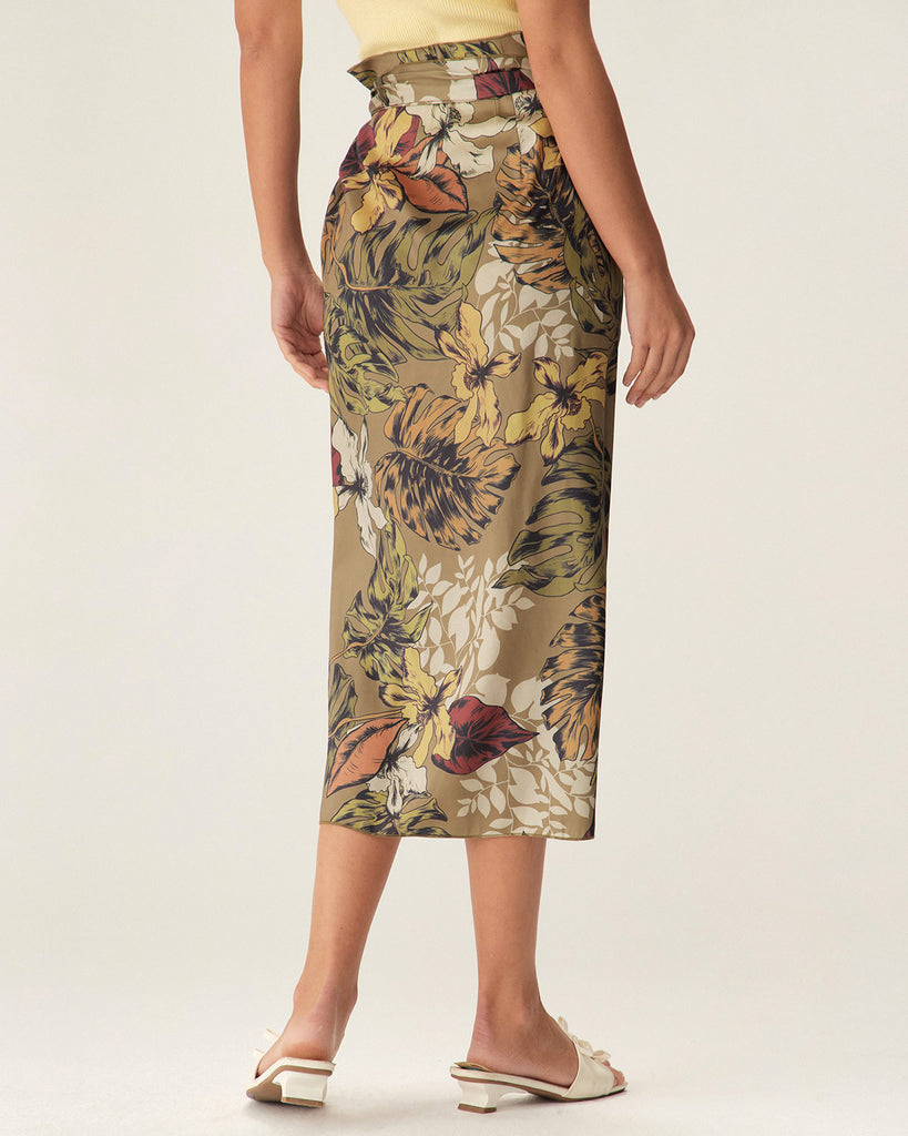 Khaki Floral High Waisted Wrap Midi Skirt