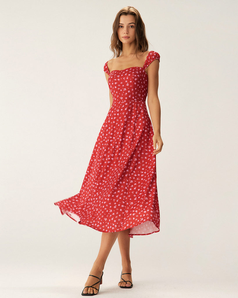 Red Floral Sweetheart Neck Cap Sleeve Midi Dress