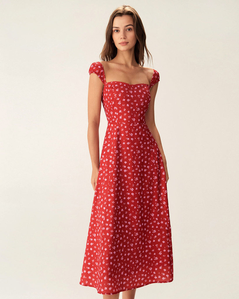 Red Floral Sweetheart Neck Cap Sleeve Midi Dress