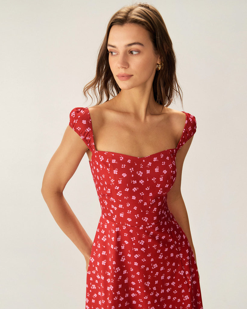 Red Floral Sweetheart Neck Cap Sleeve Midi Dress