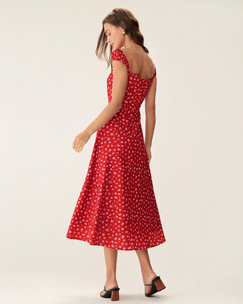 Red Floral Sweetheart Neck Cap Sleeve Midi Dress