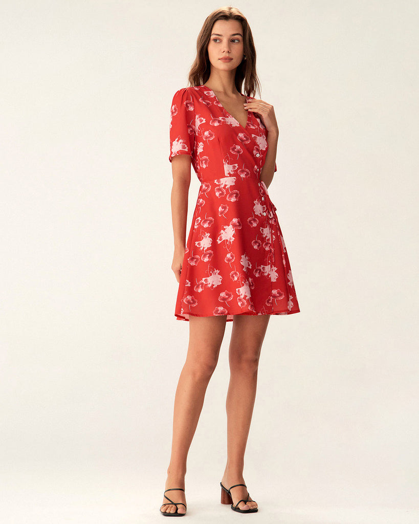 Red Floral A-Line Wrap Mini Dress