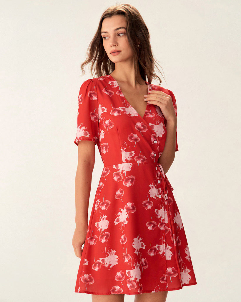 Red Floral A-Line Wrap Mini Dress