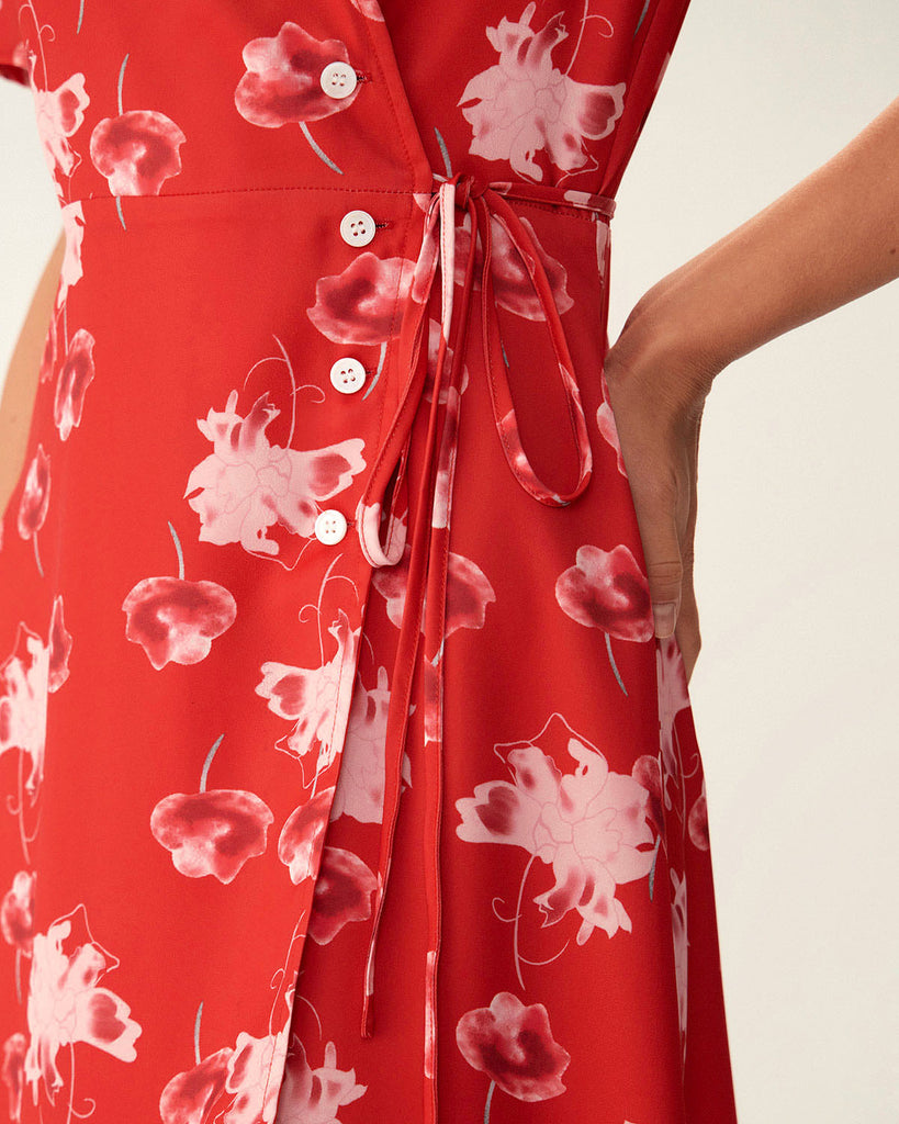 Red Floral A-Line Wrap Mini Dress