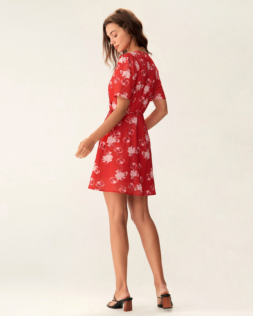 Red Floral A-Line Wrap Mini Dress