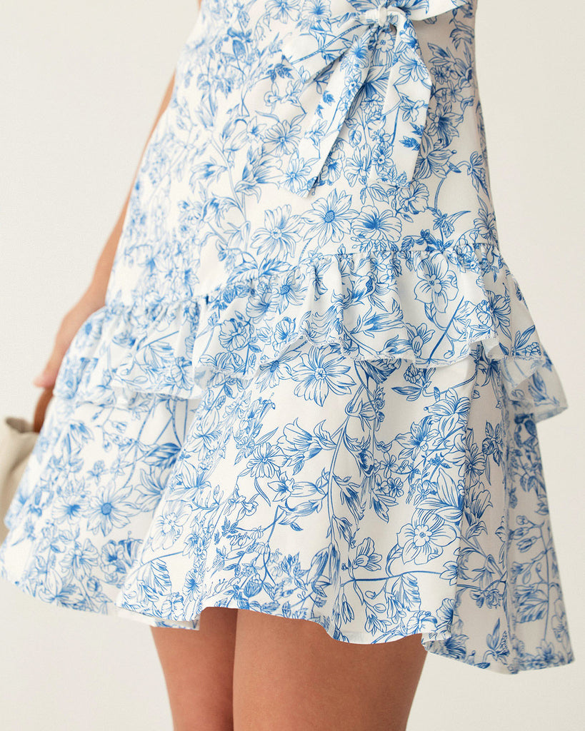 Blue Floral Tiered Halter Mini Dress