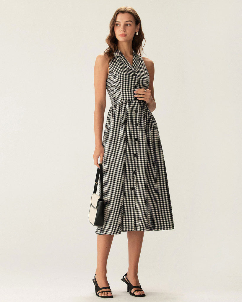 Black Plaid Sleeveless Button Midi Dress