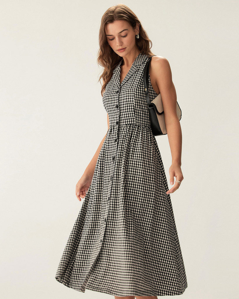 Black Plaid Sleeveless Button Midi Dress