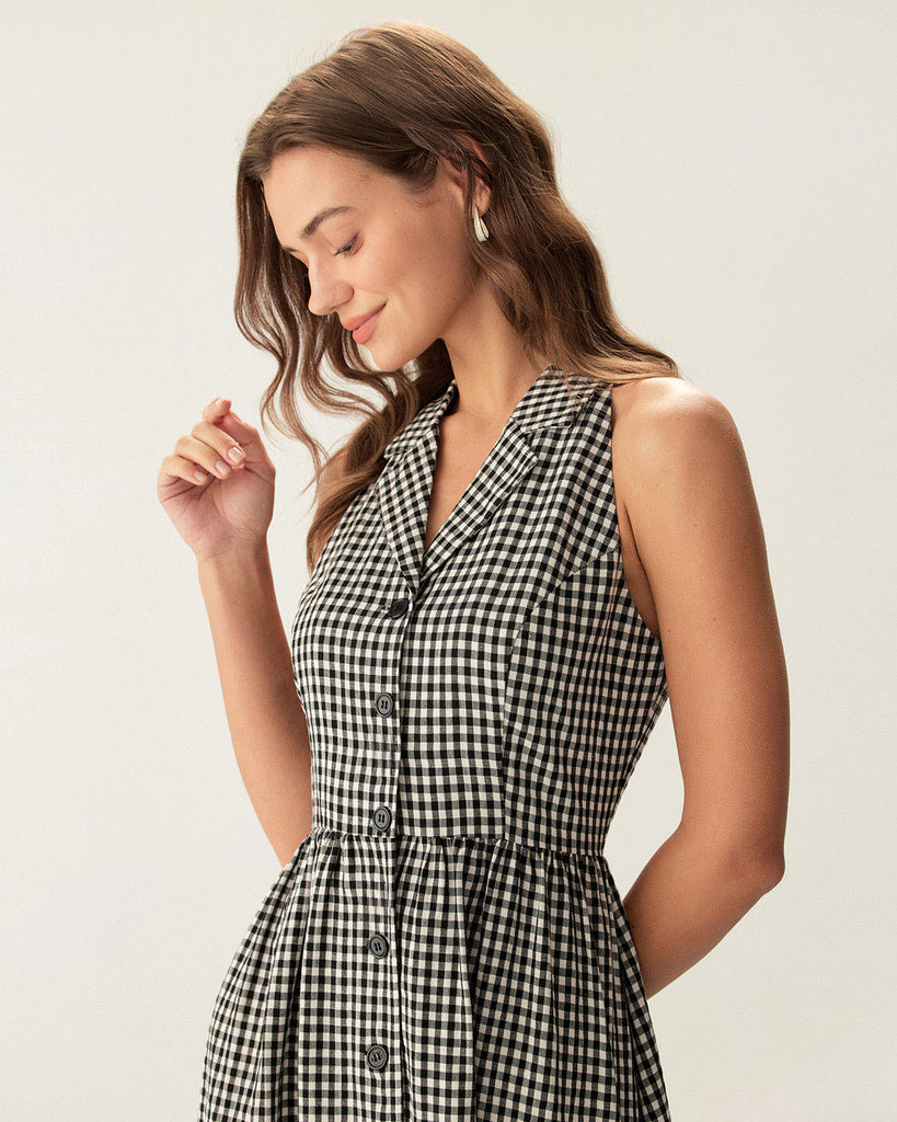 Black Plaid Sleeveless Button Midi Dress