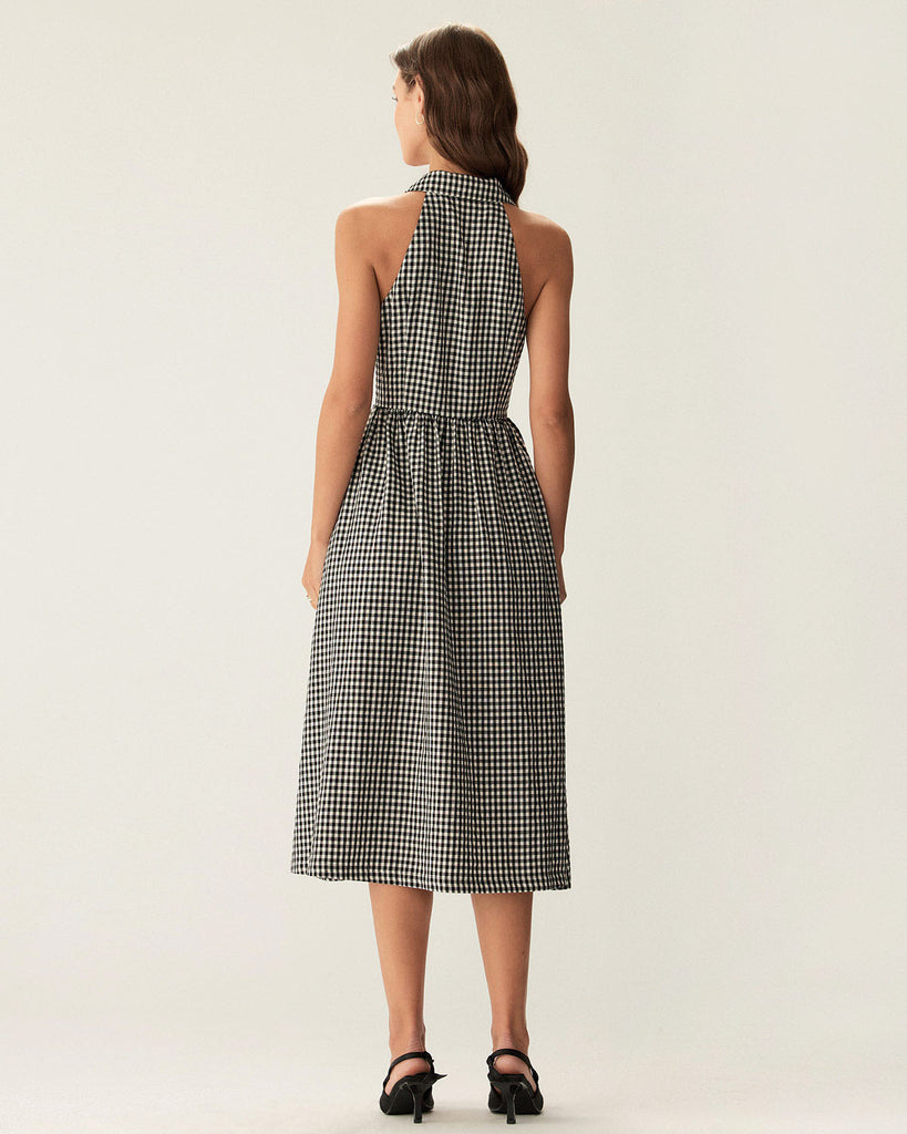 Black Plaid Sleeveless Button Midi Dress