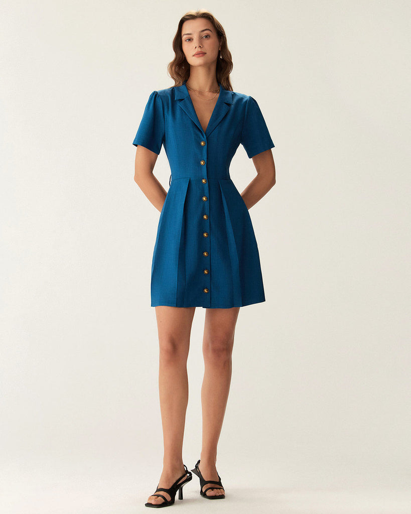 Blue Puffed Sleeve Button Mini Dress