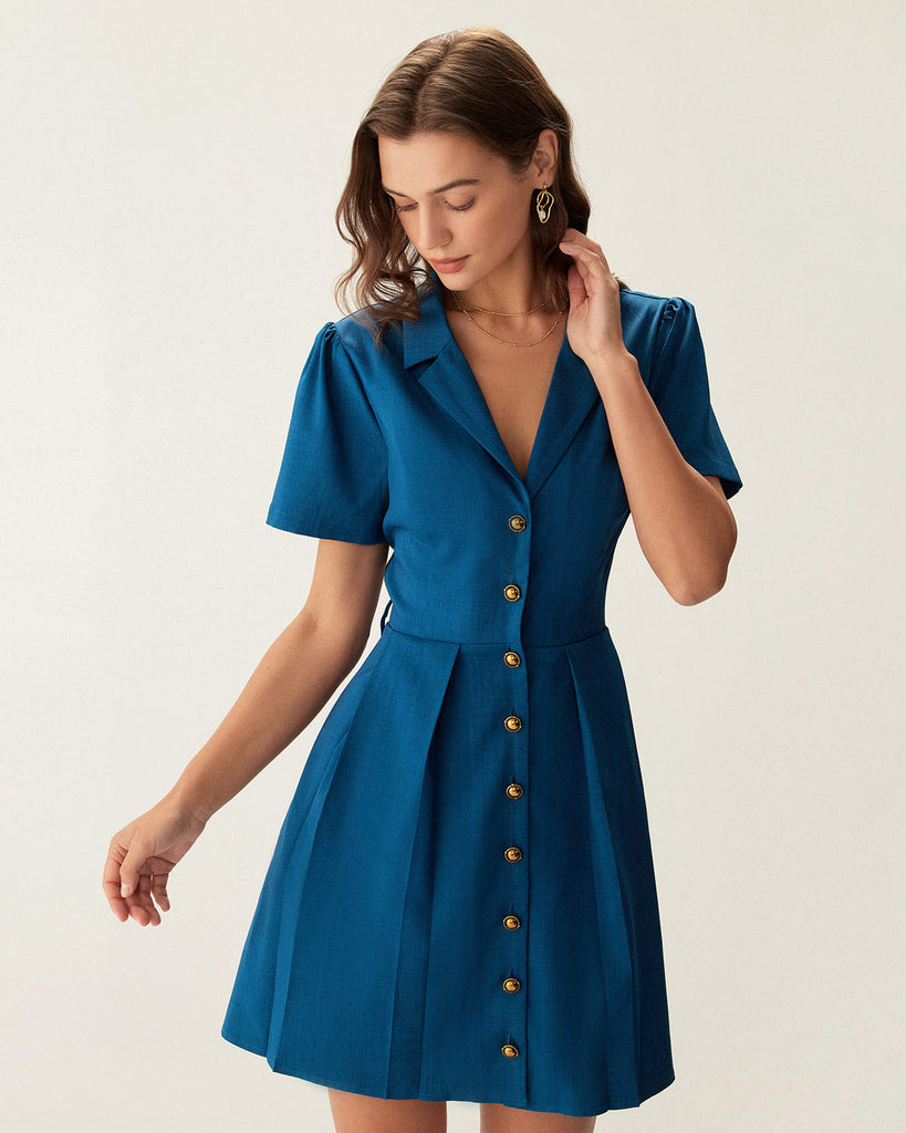 Blue Puffed Sleeve Button Mini Dress