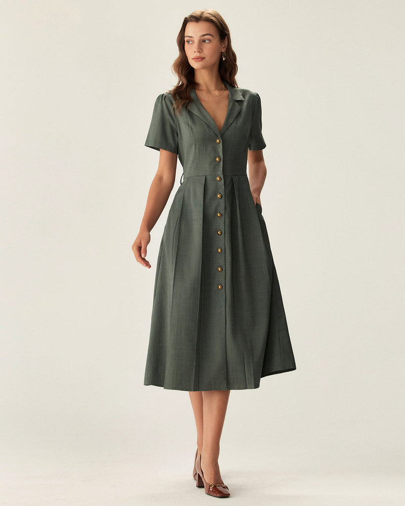 Green V Neck Pleated Button Midi Dress