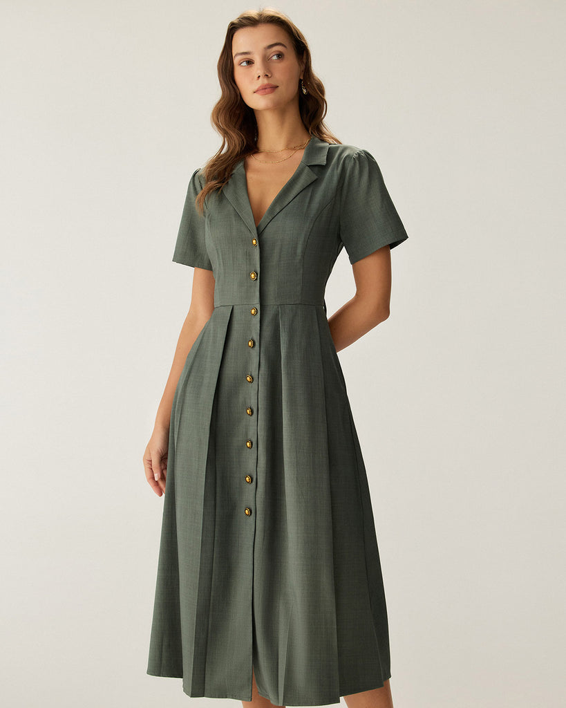 Green V Neck Pleated Button Midi Dress