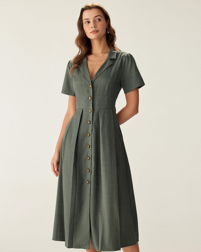 Green V Neck Pleated Button Midi Dress