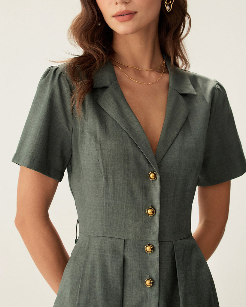 Green V Neck Pleated Button Midi Dress