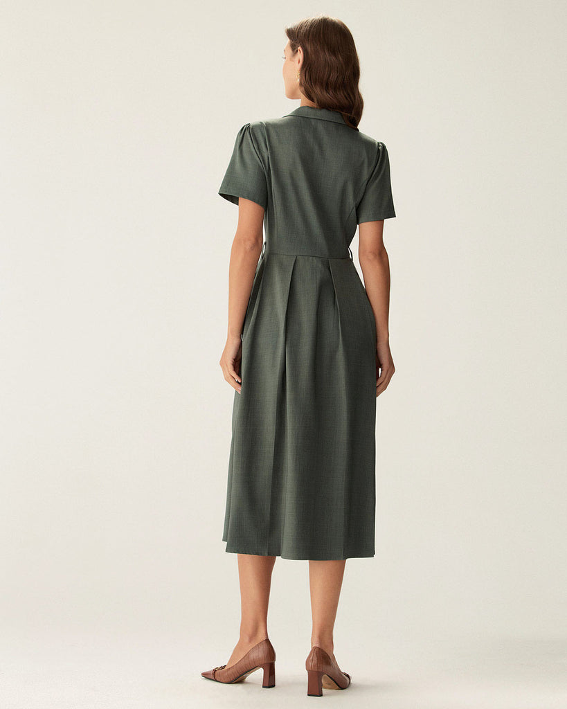 Green V Neck Pleated Button Midi Dress