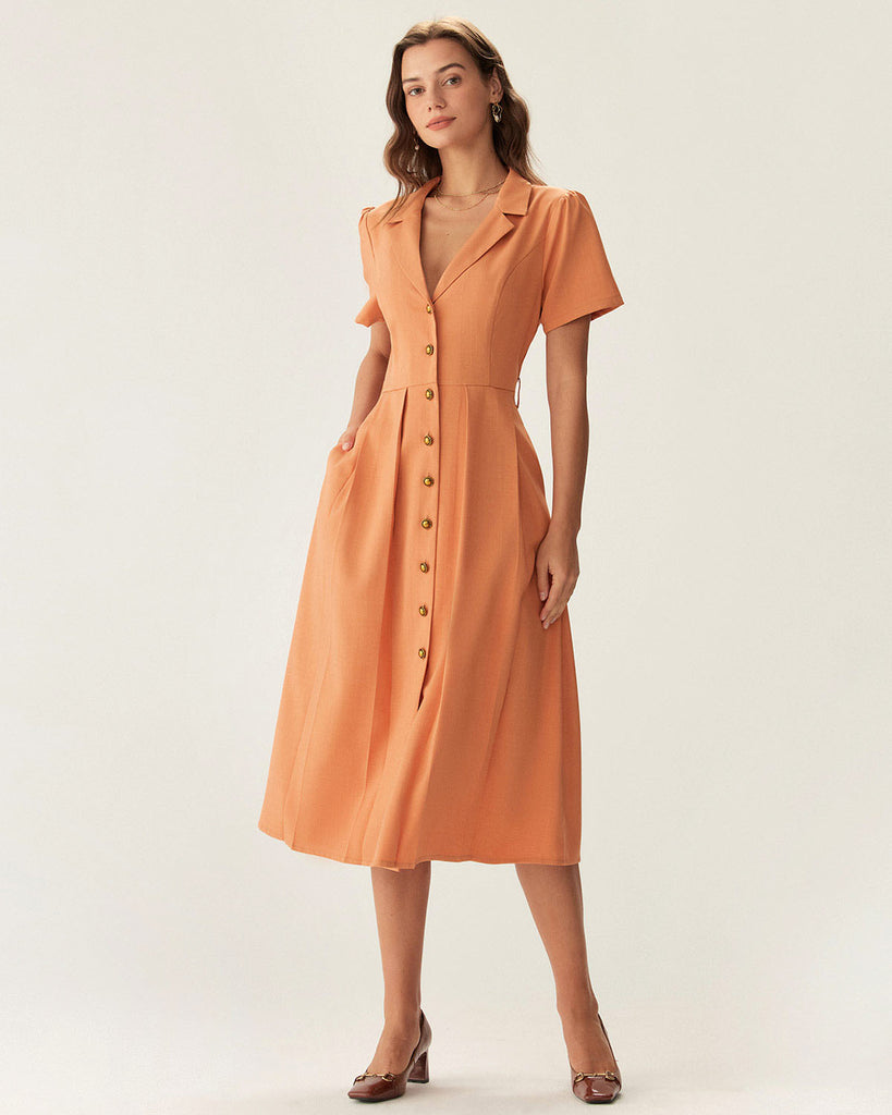 Orange V Neck Pleated Button Midi Dress