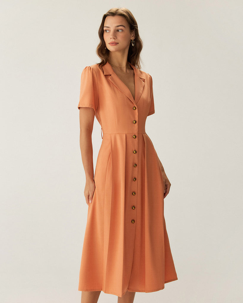 Orange V Neck Pleated Button Midi Dress