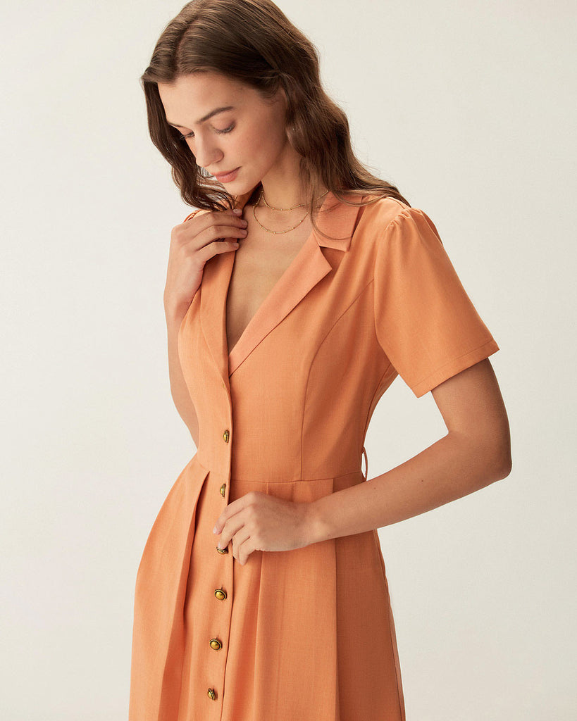 Orange V Neck Pleated Button Midi Dress